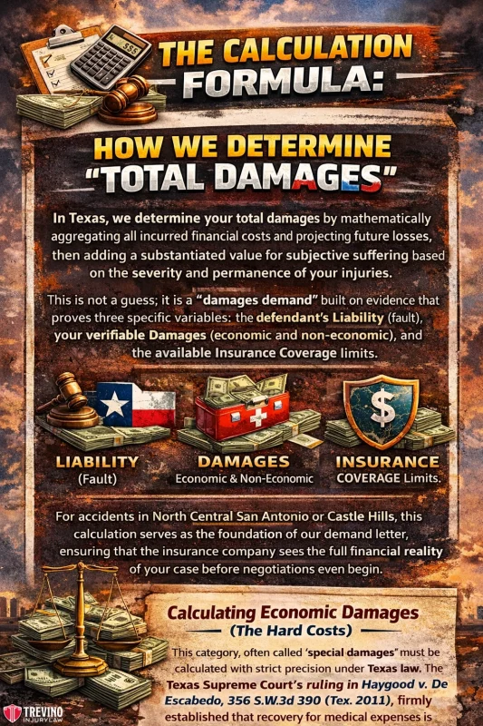How-to-determine-total-damages Infographic titled "The Calculation Formula: How We Determine Total Damages" explains that in Texas, total damages are calculated based on liability, damages, and insurance coverage. Includes text, icons, and legal references, all set on a tan and yellow textured background.
