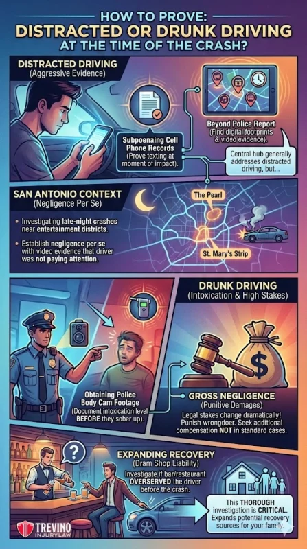 How-to-prove-distracted-or-drunk-driving-at-the-time-of-the-crash. Infographic titled “How to Prove: Distracted or Drunk Driving at the Time of the Crash?” Details steps for proving distracted or drunk driving, San Antonio context, legal terms, and recovery, using colorful illustrations of police, phones, court, crash, and map icons.