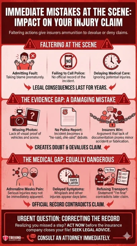 Immediate-mistakes-at-the-scene. Infographic titled "Immediate Mistakes at the Scene: Impact on Your Injury Claim" details mistakes like admitting fault, not calling police, delaying care, missing photos, refusing treatment, and warns these errors can devalue claims. A lawyer’s advice is recommended.