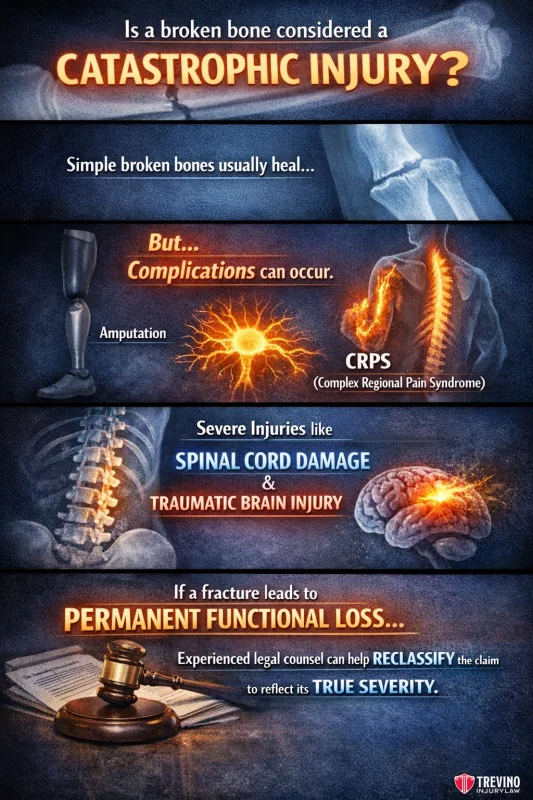 Is-a-broken-bone-consideres-a-catastrophic-injury. An infographic asks if broken bones are catastrophic injuries. It explains that while simple breaks aren’t, complications like amputation, CRPS, spinal cord or brain injuries, or permanent functional loss can make them severe and legally catastrophic.