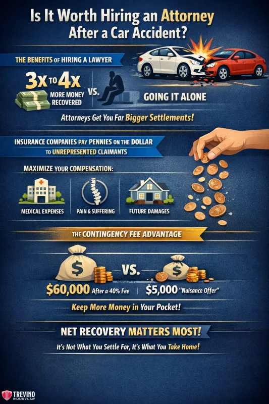 Is-it-worth-hiring-an-attorney-after-a-car-accident. Infographic titled "Is It Worth Hiring an Attorney After a Car Accident?" compares benefits of hiring a lawyer vs. going alone, citing 3-4x more money recovered, insurance company tactics, maximizing compensation, contingency fees, and higher payouts with attorney help.