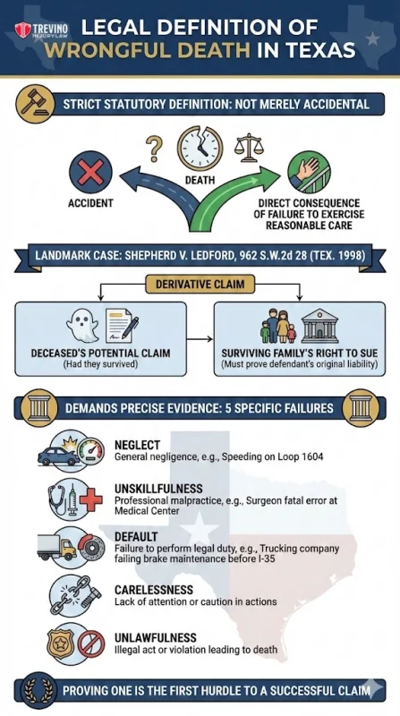 Legal-definition-of-wrongful-death-in-texas. Infographic detailing the legal definition of wrongful death in Texas. It explains that wrongful death is caused by someone’s failure to exercise reasonable care, shows landmark case, and lists five types of failures: neglect, unskillfulness, default, carelessness, and unlawfulness.