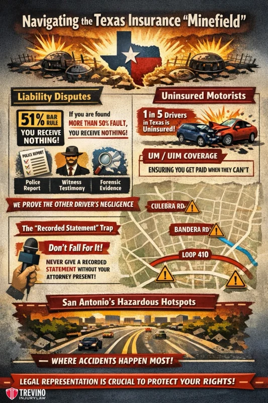 Navigating-the-texas-insurance-minefield. Infographic about Texas insurance pitfalls featuring a Texas map, roads, and hazards. Topics include liability disputes, uninsured motorists, proving negligence, recorded statements, and San Antonio accident hotspots. Emphasizes need for legal help.