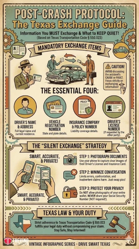 Post-crash-protocol. A vintage-style infographic titled “Post-Crash Protocol: The Texas Exchange Guide” details what info to exchange after a car crash—driver’s license, registration, insurance, and address—plus tips on privacy, safe exchanges, and staying calm. Illustrations and icons throughout.