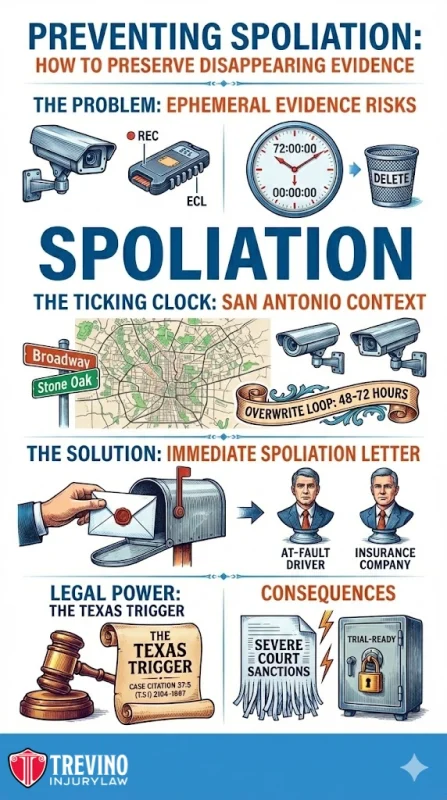 Preventing-Spoliation. An infographic on preventing spoliation: It features security cameras, legal icons, documents, and a courthouse. It explains risks of losing evidence, urges immediate action, and outlines consequences like court sanctions. Branding: Trevino Injury Law.