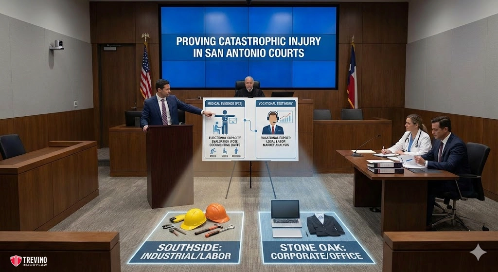 Proving-catastrophic-injury-in-san-antonio-courts. A courtroom scene shows a lawyer presenting evidence to a judge and two medical experts. Charts showing "Medical Evidence" and "Vocational Testimony" are displayed. Construction gear and office items highlight industrial/labor and corporate/office injury contexts, with location labels.
