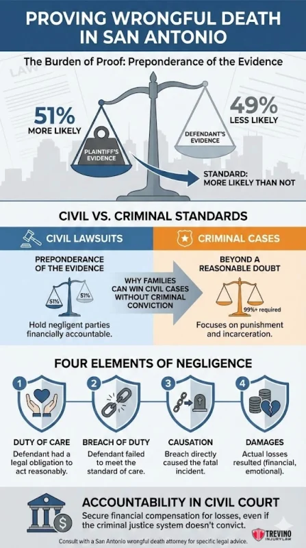 Proving-wrongful-death-in-San-Antonio. Infographic titled “Proving Wrongful Death in San Antonio.” Describes burden of proof (preponderance of evidence), civil vs. criminal standards, four negligence elements (duty, breach, causation, damages), and emphasizes civil court accountability with law-themed icons.