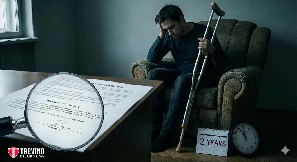 Release-of-liability. A man with crutches sits on an armchair, looking distressed. In the foreground, a magnifying glass hovers over a legal document. A box labeled "2 years" and a clock lie on the floor. The logo "Trevino Injury Law" is visible in the corner.