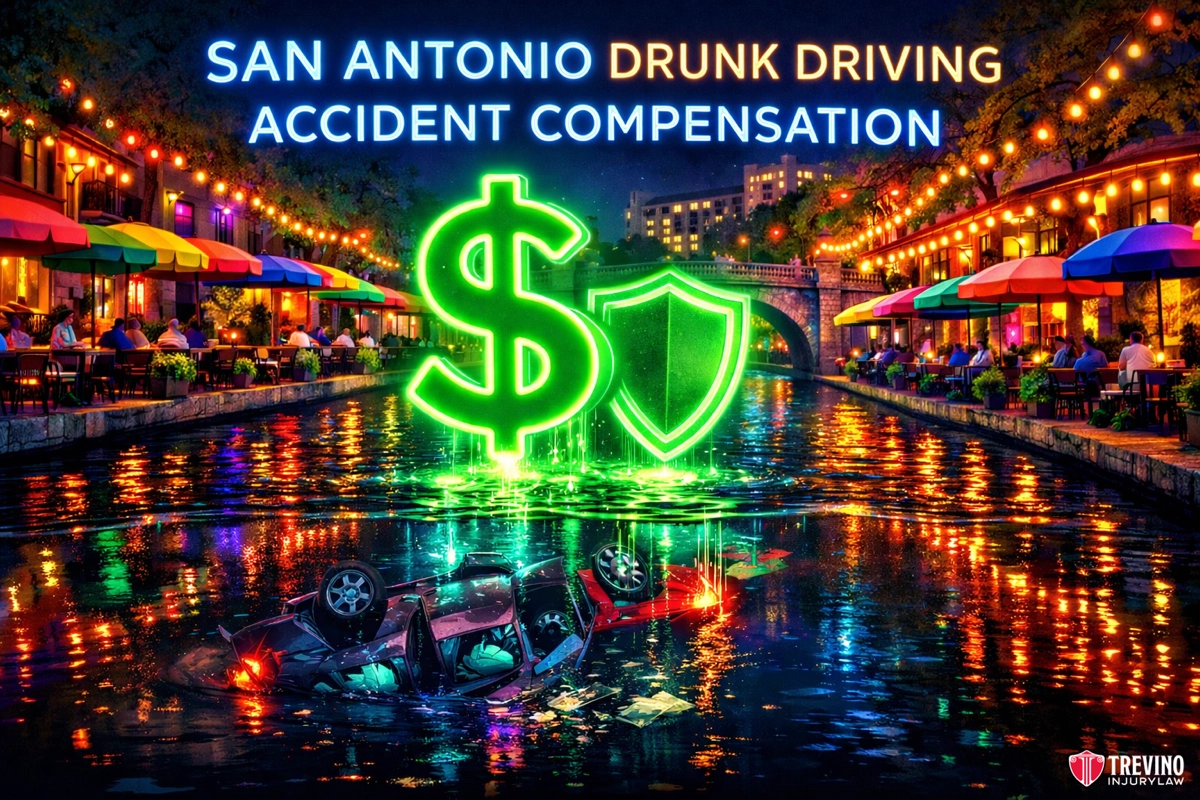 San Antonio drunk driving accident compensation. A neon green dollar sign and shield shine over the San Antonio River Walk at night. People dine under colorful umbrellas. A wrecked car is submerged in the water. Text reads, "San Antonio Drunk Driving Accident Compensation." Trevino Injury Law logo is visible.