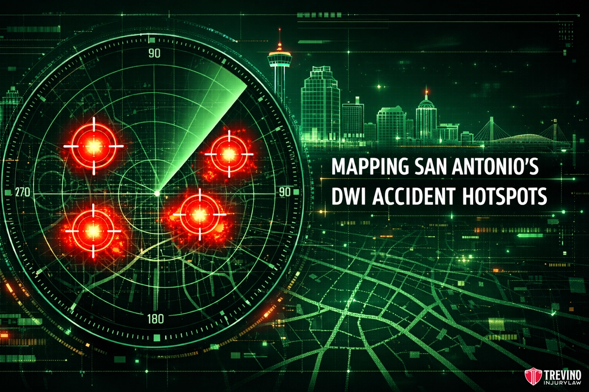 San Antonio drunk driving accident hotspots. A green digital map with a radar displaying four red-highlighted targets over a grid. San Antonio’s skyline appears above with a glowing tower. Text reads: “Mapping San Antonio’s DWI Accident Hotspots.” Treviño Injury Law logo is in the corner.