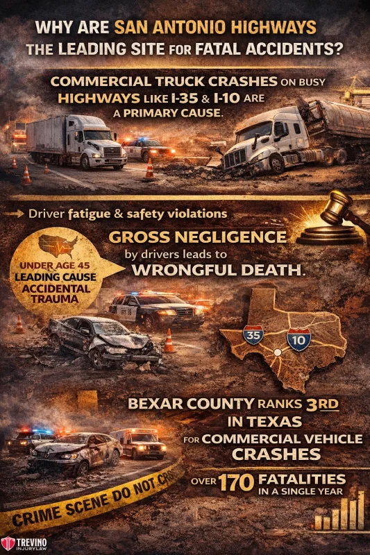 San-antonio-highways-fatal-accidents. Infographic showing truck crashes on San Antonio highways. Text highlights fatigue, safety violations, commercial truck crashes, gross negligence, wrongful deaths, and over 170 fatalities in Bexar County, Texas. Crime scene tape and trucks feature prominently.