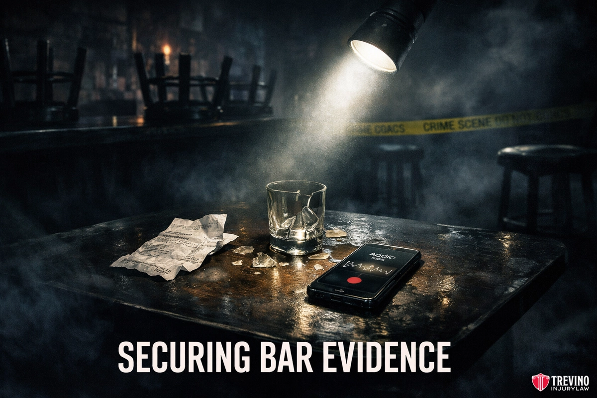 A dimly lit bar scene shows a spotlight on a table holding a crumpled receipt, an empty glass, and a smartphone with a police app open. Crime scene tape is blurred in the background, and the words “Securing Bar Evidence” are written at the bottom.