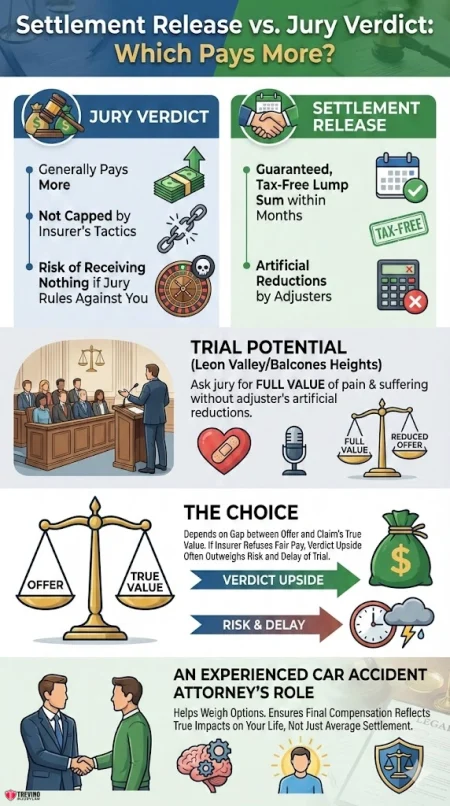 Settlement-release-vs-jury-veredict. An infographic compares jury verdicts and settlement releases for accident claims, highlighting payout differences, tax status, and strategy. It explains trial risks, settlement reliability, and attorney roles using icons, diagrams, and brief text.