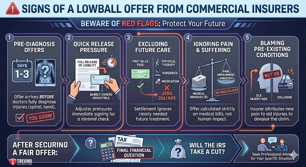 Signs-of-a-lowball-offer-from-commercial-insurers. An infographic titled “Signs of a Lowball Offer from Commercial Insurers” lists five red flags: pre-diagnosis offers, quick release pressure, excluding future care, ignoring pain/suffering, and blaming pre-existing conditions, with related icons and brief explanations for each.