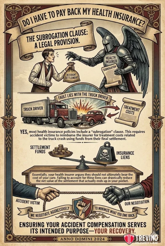 So-I-have-to-pay-back-my-health-insurance. A vintage-style infographic explains health insurance subrogation with illustrations of an injured man, a knight labeled "health insurer," a truck accident, documents, and negotiation scenes. Banner text asks about repaying health insurance after an accident.