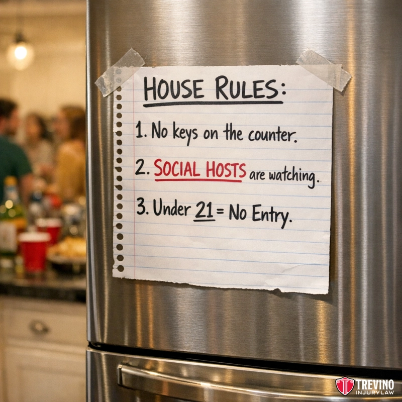 Social hosts. A handwritten “House Rules” sign is taped to a stainless steel fridge. It lists: 1. No keys on the counter, 2. SOCIAL HOSTS are watching (with “SOCIAL HOSTS” in red), and 3. Under 21 = No Entry. A group socializes in a blurred kitchen background.
