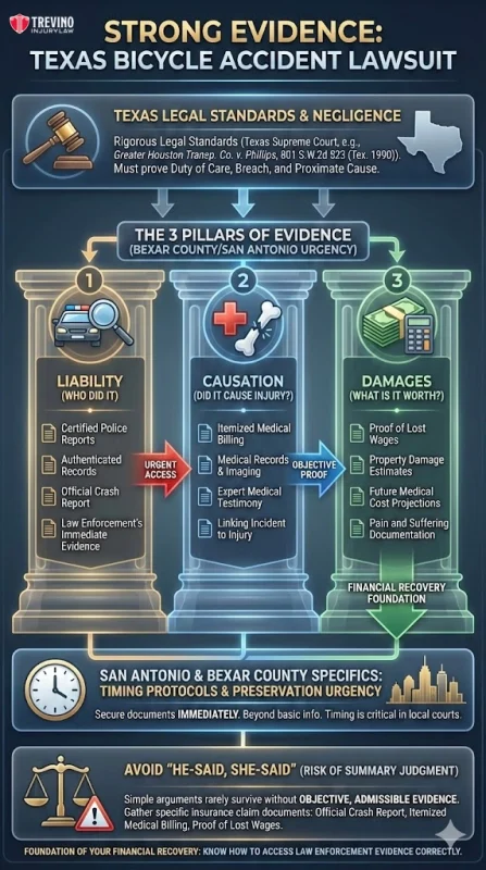 Strong-evidence-bicycle-accident-lawsuit. Infographic titled "Strong Evidence: Texas Bicycle Accident Lawsuit." It outlines legal standards, three pillars of evidence (liability, causation, damages), local protocols, and foundation for financial recovery, using icons and flowcharts in blue, gold, and red tones.