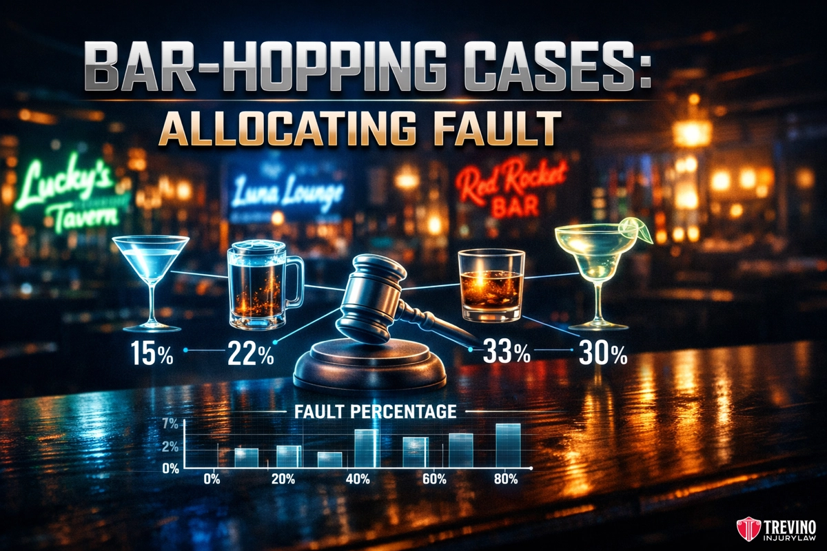 Suing multiple bars with Texas Dram Shop. A wooden gavel sits on a shiny bar top in front of blurred bar lights. Three glowing cocktails represent bars: Lucky’s Tavern (15%), Luna Lounge (22%), Red Rocket Bar (33%), plus a fourth unnamed (30%). A bar chart shows these fault percentages. Trevino Injury Law logo.