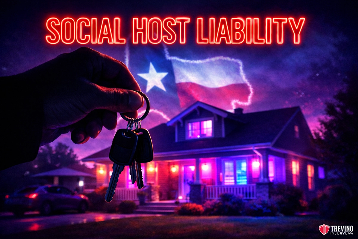 Texas Social Host Liability thumbnail. A hand holds car keys in front of a lit suburban house at night, with a glowing Texas flag and neon red text reading "SOCIAL HOST LIABILITY" above. The Treviño Injury Law logo appears in the bottom right corner. The scene has a dramatic, cautionary tone.