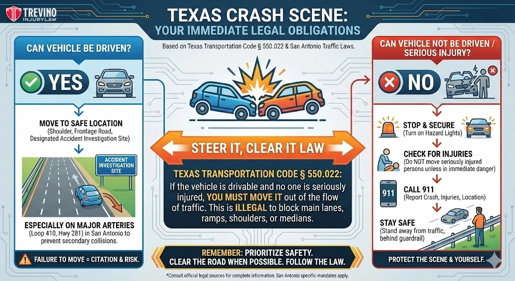 Texas-crash-scene. Infographic shows steps after a Texas car crash. Left: green section (YES) shows to move the car if drivable. Right: red section (NO) says stop and call 911 if not drivable. Center: "Steer it, Clear it" law—always move vehicles if safe. Icons and text explain each step.