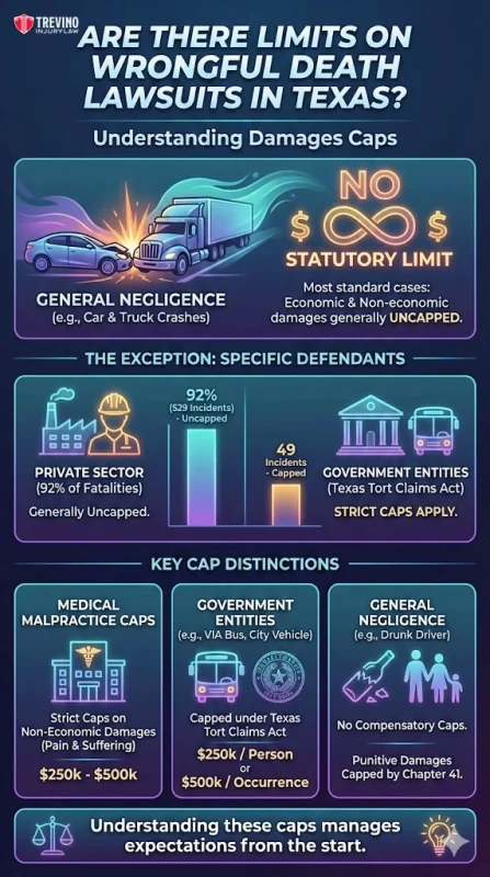 Texas-lawsuit-limits.jpg. Infographic explaining wrongful death lawsuit damages caps in Texas. It contrasts no statutory limit for general negligence claims with capped damages for suits against private sector (except medical malpractice) and government entities, listing specific cap amounts for each.