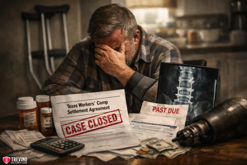 A distressed man sits at a table with his head in his hand. In front of him are crutches, prescription bottles, bills marked "Past Due," cash, a calculator, X-ray images, and a "Texas Workers’ Comp Settlement Agreement" stamped "Case Closed.