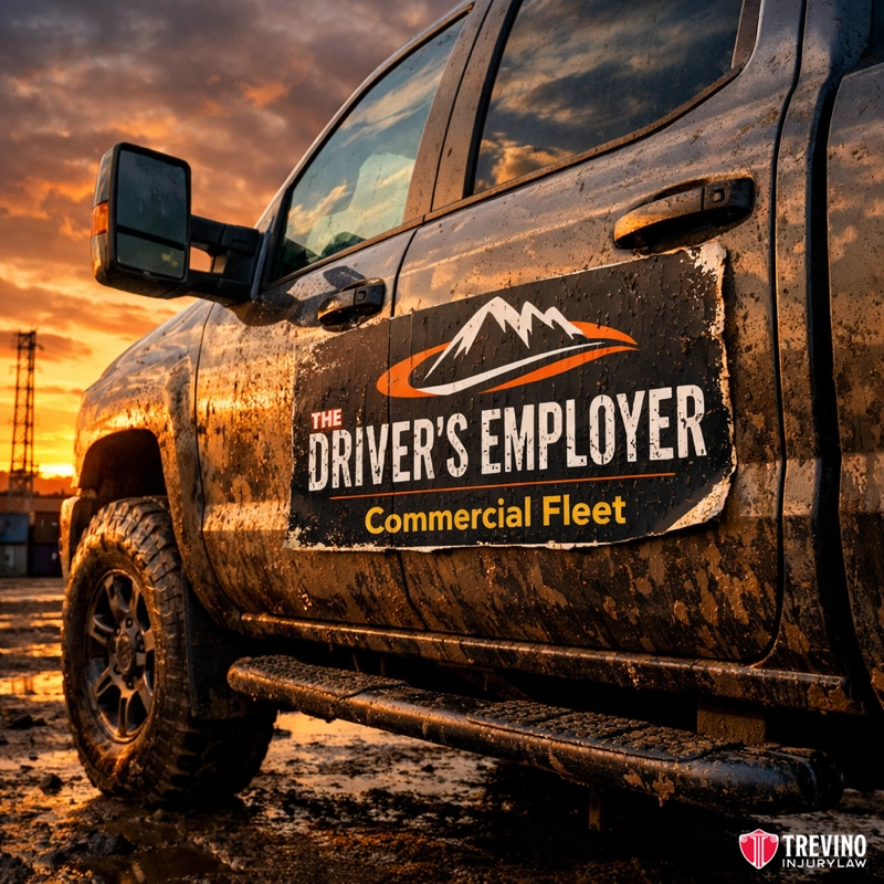 The drivers employer. A muddy pickup truck with “The Driver’s Employer Commercial Fleet” logo on the door is parked on dirt at sunset. The sky is orange and dramatic. The Trevino Injury Law logo is in the lower right corner of the image.
