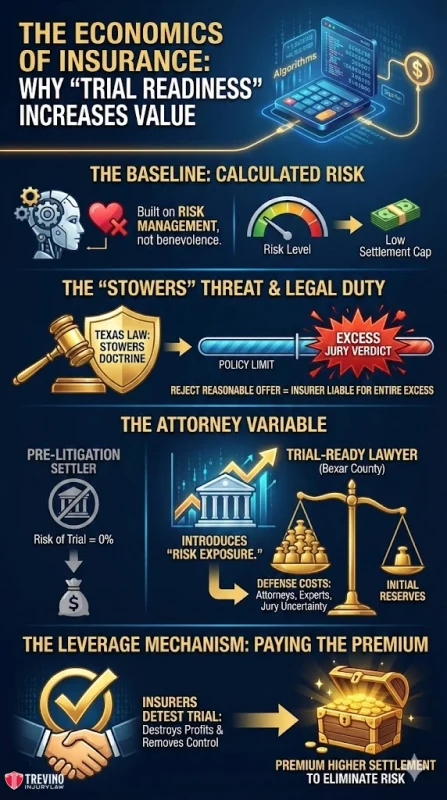 The-economics-on-insurance. An infographic titled “The Economics of Insurance: Why ‘Trial Readiness’ Increases Value” uses icons and flowcharts to explain how risk management, legal duties, attorney skill, and insurance premiums affect trial outcomes and the economics of insurance.