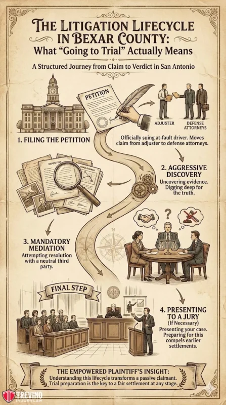 The-litigation-lifecycle-in-bexar-county. An illustrated flowchart details the litigation lifecycle in Bexar County. Steps include filing a petition, aggressive discovery, mandatory mediation, and presenting to a jury. Icons depict legal professionals, documents, and court scenes. Text explains each trial stage.