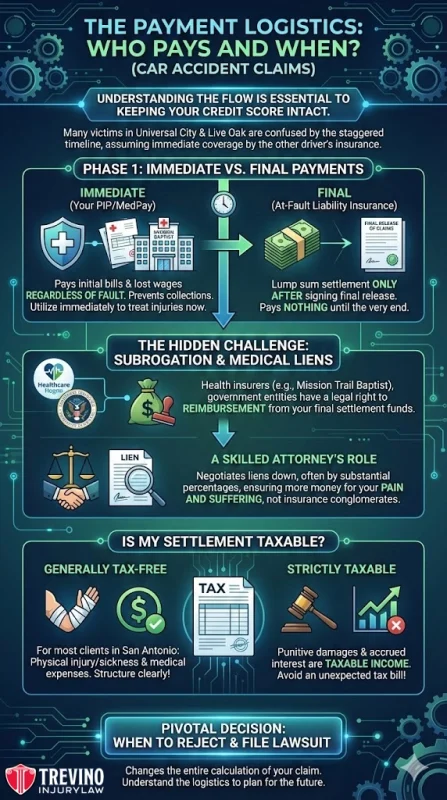 The-payments-logisticsInfographic titled “The Payment Logistics: Who Pays and When? (Car Accident Claims)” shows the stages of payment after a car accident: immediate insurer payments, subrogation, medical liens, attorney involvement, tax information, and decisions on rejects and lawsuits.