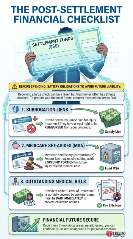 Infographic checklist of what to review before spending a Texas workers' comp settlement, including subrogation liens, Medicare Set-Asides, and outstanding medical bills.