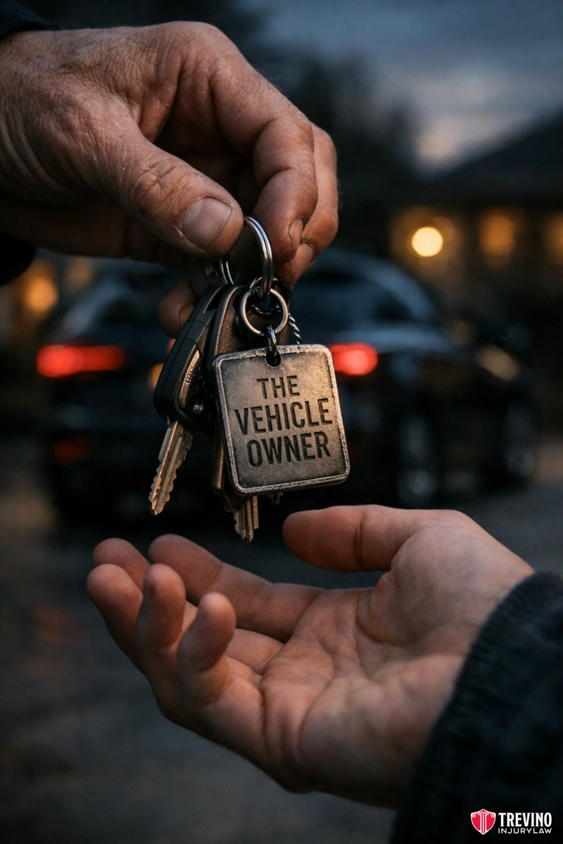 The vehicle owner. A person hands over a set of car keys with a keychain labeled "THE VEHICLE OWNER" to another outstretched hand. A blurred, dark-colored car is visible in the background. Logo for Trevino Insurance Agency appears in the lower right corner.