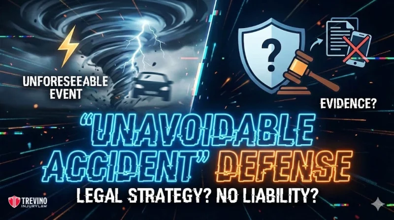 Unavoidable-accident-defense. A split image shows a tornado and a car crash with "Unforeseeable Event" text on the left, and a shield, gavel, and crossed-out documents with "Evidence?" on the right. The center text reads: “‘Unavoidable Accident’ Defense. Legal strategy? No liability?”.
