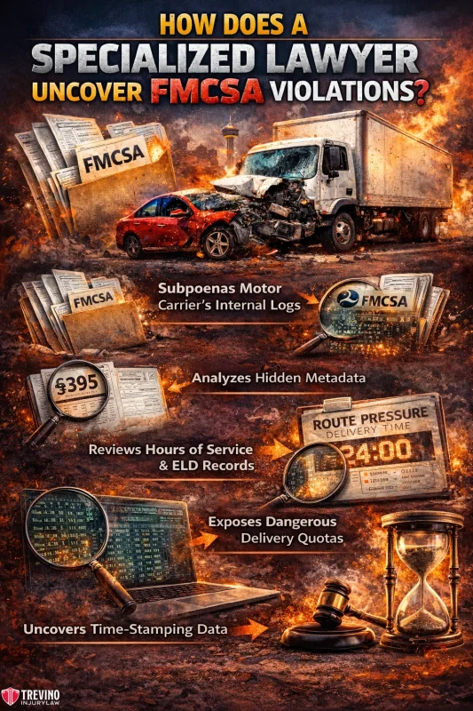 Uncover-FMCSA-violations. A dramatic infographic shows a truck crash scene, legal documents, and investigative tools. Text explains how a specialized lawyer uncovers FMCSA violations: by subpoenaing logs, analyzing metadata, reviewing ELD records, exposing quotas, and examining time-stamping data.