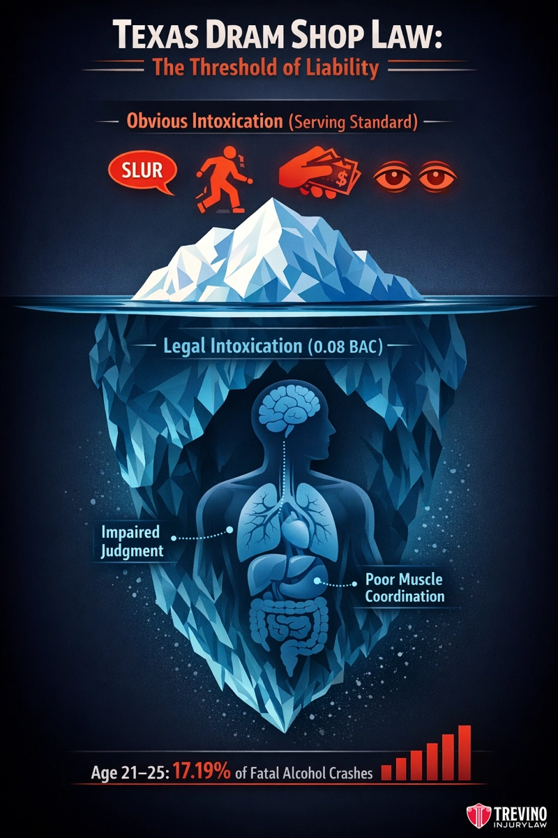 Understanding How Texas Dram Shop Laws Define Obvious Intoxication. Infographic showing Texas Dram Shop Law on alcohol liability. Above water: “Obvious Intoxication” with icons for slurred speech, stumbling, and bloodshot eyes. Below: brain, organs, and 0.08 BAC; notes impaired judgment, poor muscle coordination. Statistic: age 21–25: 17.19% of fatal alcohol crashes.