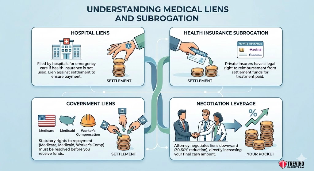 Understanding-medical-liens-and-subrogation. Infographic explaining medical liens and subrogation: Hospital liens, health insurance subrogation, government liens, and negotiation leverage are shown with icons of doctors, patients, coins, and documents, and arrows showing how settlements impact out-of-pocket payments.