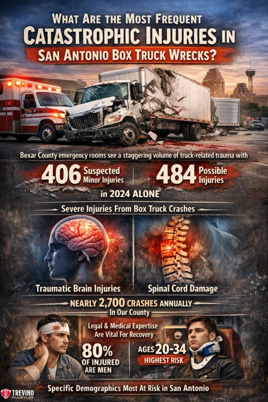 Whar-are-the-most-frequent-catastrophic-injuries-in-san-antonio-box-truck-wrecks. Infographic shows stats on box truck crashes in San Antonio. Background: cityscape, ambulance, crashed truck, police. Highlights: 406 suspected injuries, 484 possible injuries (2024), types of severe injuries, young adults most at risk, 80% male, nearly 2,700 crashes annually.