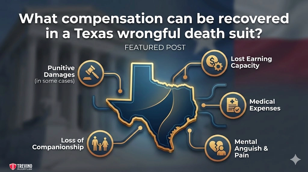 Whar-compensation-can-be-recovered-in-a-texas-wrongful-death-suit. Infographic titled “What compensation can be recovered in a Texas wrongful death suit?” with a Texas map in the center. Branches list: Punitive Damages, Lost Earning Capacity, Medical Expenses, Loss of Companionship, and Mental Anguish & Pain, each with icons.