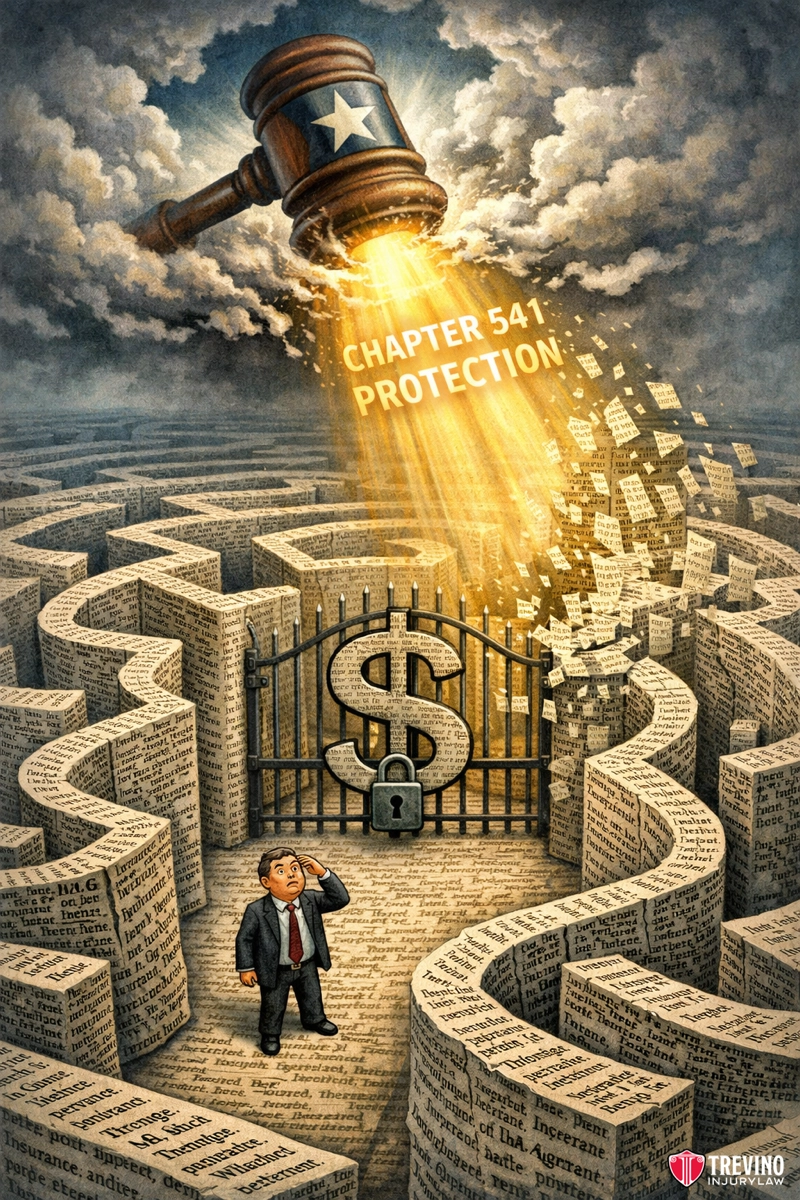 What Constitutes Bad Faith Under the Texas Insurance Code. A man in a suit stands in a paper maze, looking up as a giant gavel shines golden light labeled “CHAPTER 541 PROTECTION” through clouds onto a locked gate with a dollar sign, symbolizing legal protection and financial barriers.