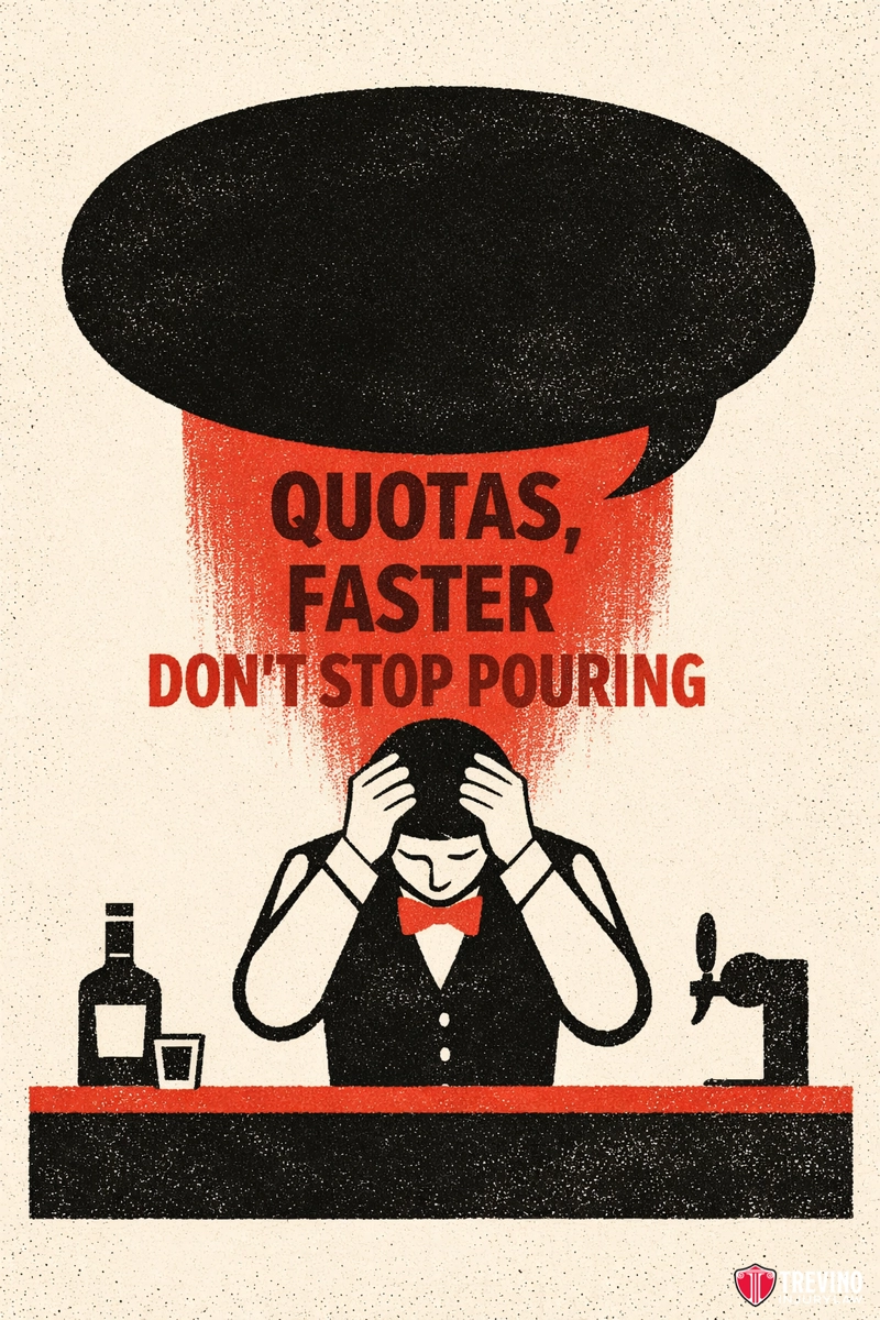 What Constitutes Encouragement to Violate TABC Laws. A bartender in a tuxedo clutches their head, overwhelmed. A giant speech bubble pours over them with the words “QUOTAS, FASTER, DON’T STOP POURING.” Bottles and a beer tap sit on the bar, emphasizing workplace stress. The image uses black, red, and beige tones.