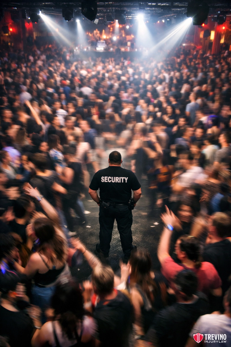 What Constitutes Negligent Oversight of Serving Staff? A security guard stands in the center of a crowded, dimly lit concert venue, facing the stage. The audience is blurred in motion, emphasizing the guard's stillness and his black shirt labeled "SECURITY." Stage lights shine above the lively crowd.
