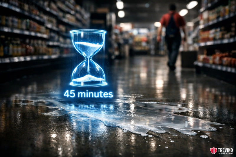 What Counts as Constructive Notice Under Texas Premises Liability Law. A supermarket aisle with spilled milk on the floor. An illuminated hourglass graphic hovers above the spill, displaying "45 minutes." Shelves line both sides, and a blurred person walks in the background. Trevino Injury Law logo appears in the lower right corner.