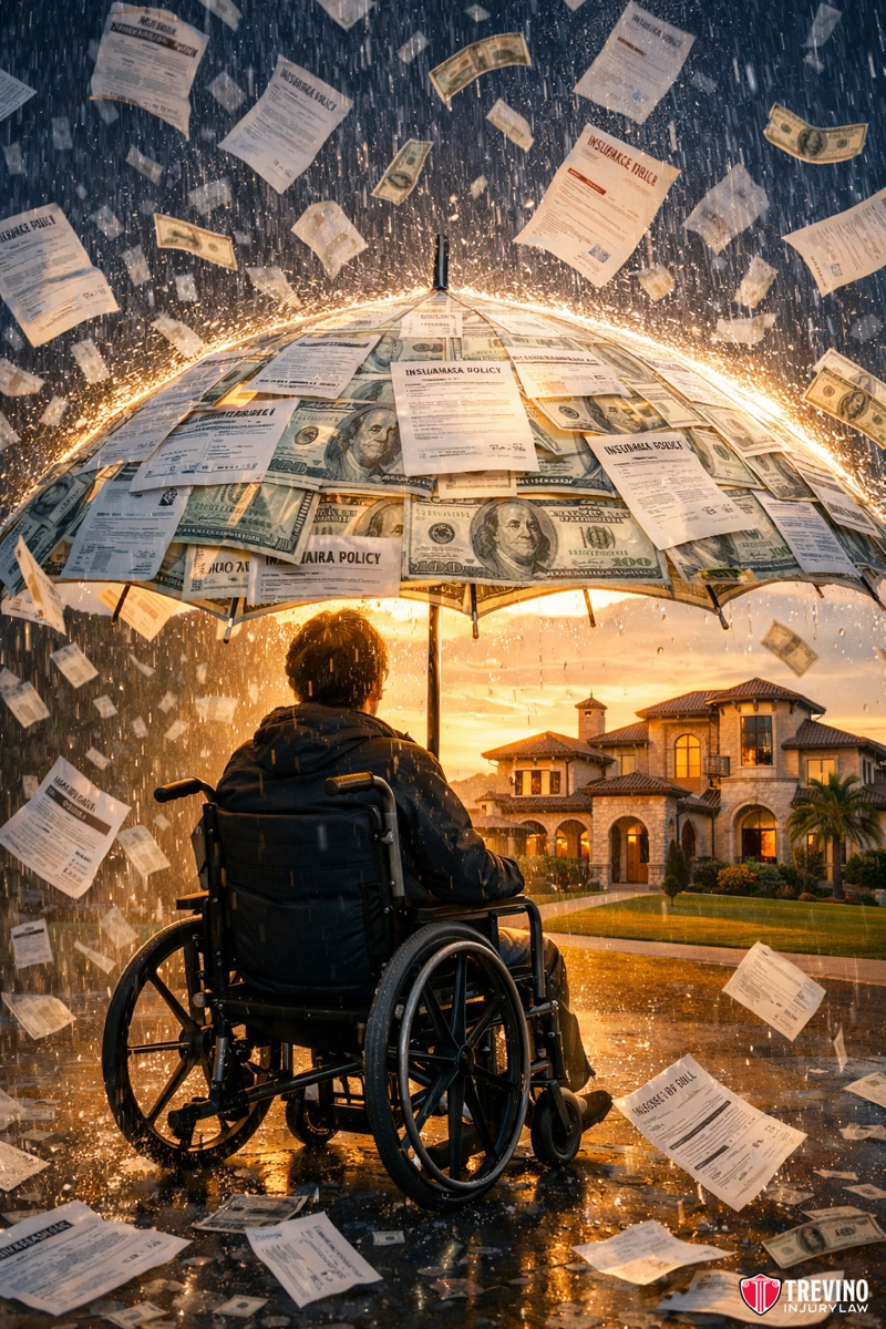 What Damages Can Victims Recover in Texas Social Host Claims. A person in a wheelchair sits under a large umbrella made of money and insurance papers, shielding them from rain and flying documents. The scene is set in front of a luxurious house at sunset, highlighting protection and security amid chaos.