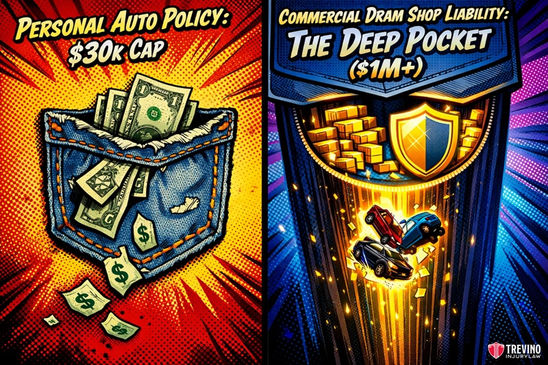 What Does Dram Shop Liability Insurance Actually Cover? A comic-style split image shows: left, an open wallet overflowing with cash and a "$30k Cap" label; right, tiny cars crash under a shining gold shield labeled "The Deep Pocket ($1M+)." Both highlight insurance policy differences.