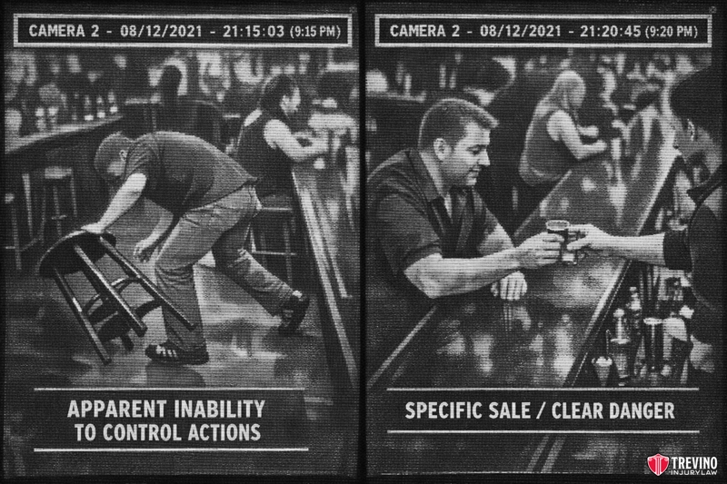 What Evidence Meets the Clear Danger Standard in Court. Black and white split image from security cameras: Left shows a man stumbling, using a barstool for support, labeled "Apparent inability to control actions." Right shows a bartender handing a drink to the same man, labeled "Specific sale / clear danger.