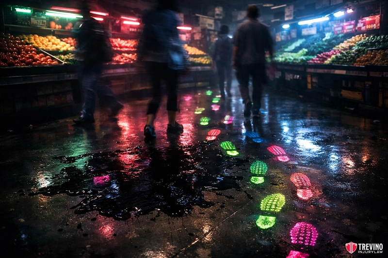 What Evidence Proves a Hazard Existed Long Enough for Discovery. A dimly lit market with colorful produce on both sides. Silhouetted people walk on a wet floor, reflecting neon pink and green footprints. The moody scene is lively with vibrant, glowing lights and blurry, dynamic movement. Logo in the bottom right corner.