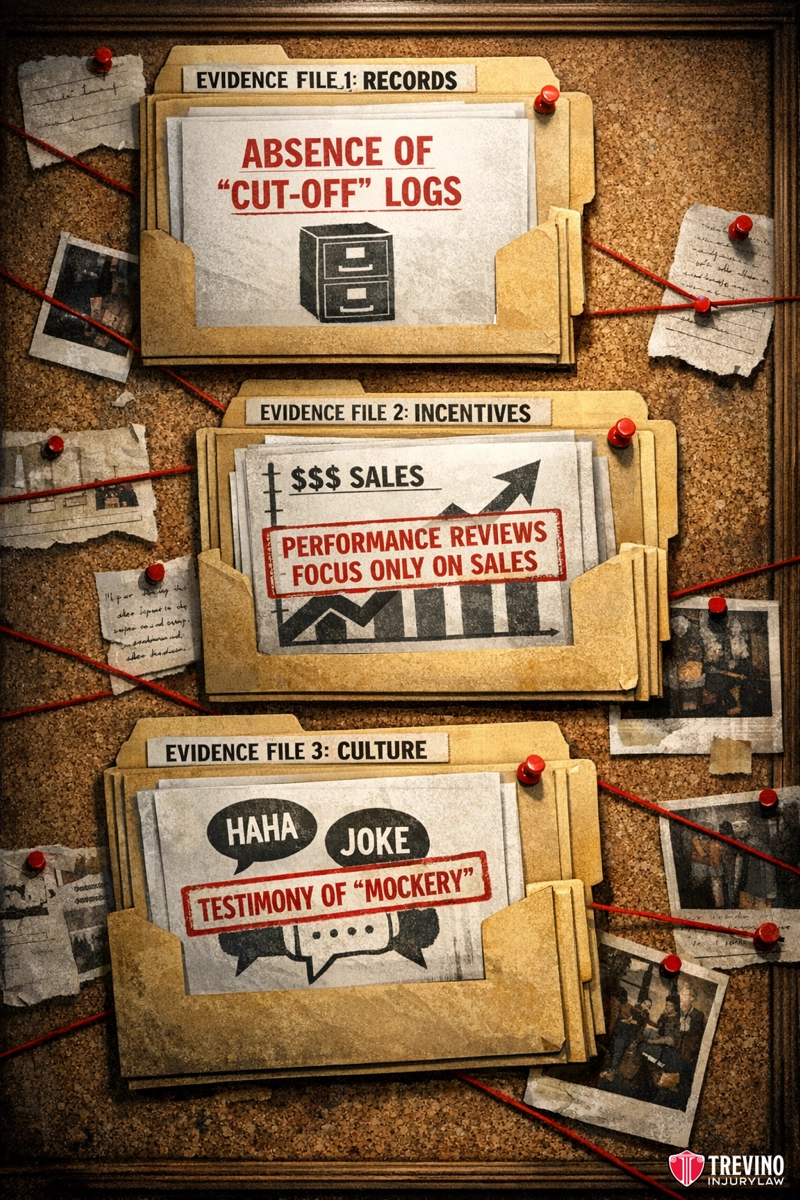 What Evidence Shows the Business Failed to Ensure Diligent Enforcement? A corkboard with red string links three labeled evidence folders: 1) "ABSENCE OF 'CUT-OFF' LOGS" with a file icon, 2) "$$$ SALES; PERFORMANCE REVIEWS FOCUS ONLY ON SALES" with a chart, and 3) "TESTIMONY OF 'MOCKERY'" with people laughing and speech bubbles, surrounded by pinned photos.