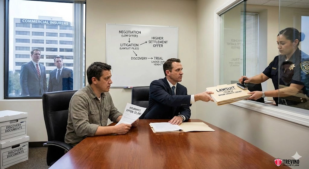 What-Happens-If-the-Offer-Is-Too-Low. Two men sit at a conference table; one is casually dressed holding paperwork, the other in a suit handing a "Lawsuit" folder to a police officer. Behind glass, two men observe. A whiteboard lists legal steps. Office setting, law firm logo in corner.