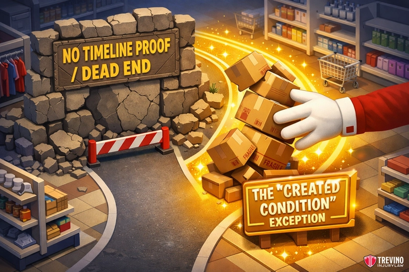 What If You Cannot Prove How Long the Hazard Was There? A cartoon scene shows a stone wall labeled “NO TIMELINE PROOF / DEAD END” blocking a road. A hand lifts boxes over the wall onto a glowing path marked “THE ‘CREATED CONDITION’ EXCEPTION.” The setting resembles a store with shelves and products.