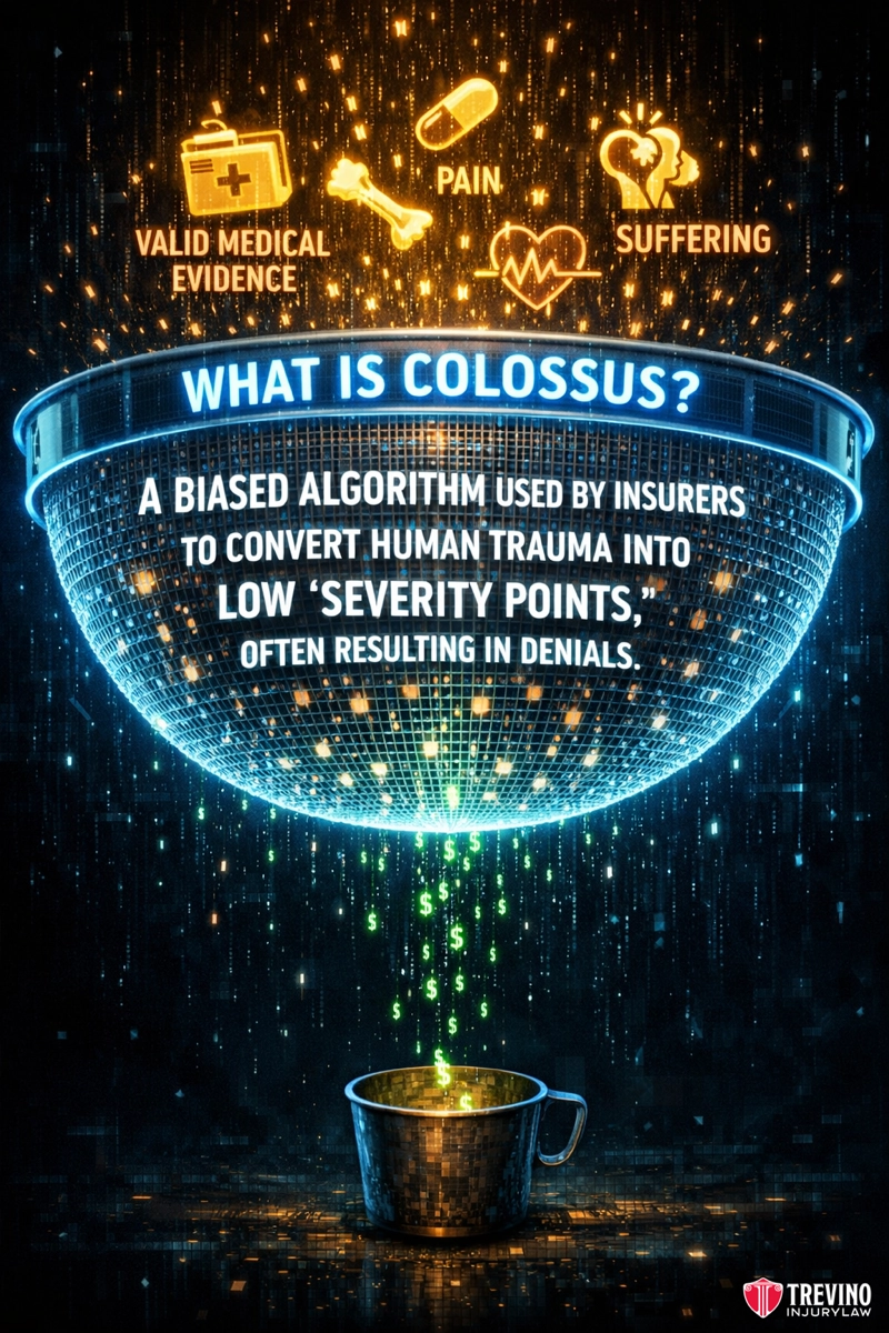 What Is Colossus Insurance Software. A digital funnel labeled “WHAT IS COLOSSUS?” filters icons of medical evidence, pain, and suffering into a small cup, symbolizing insurers using biased algorithms to reduce human trauma to low “severity points,” leading to denials. Trevino Law Firm logo at bottom right.